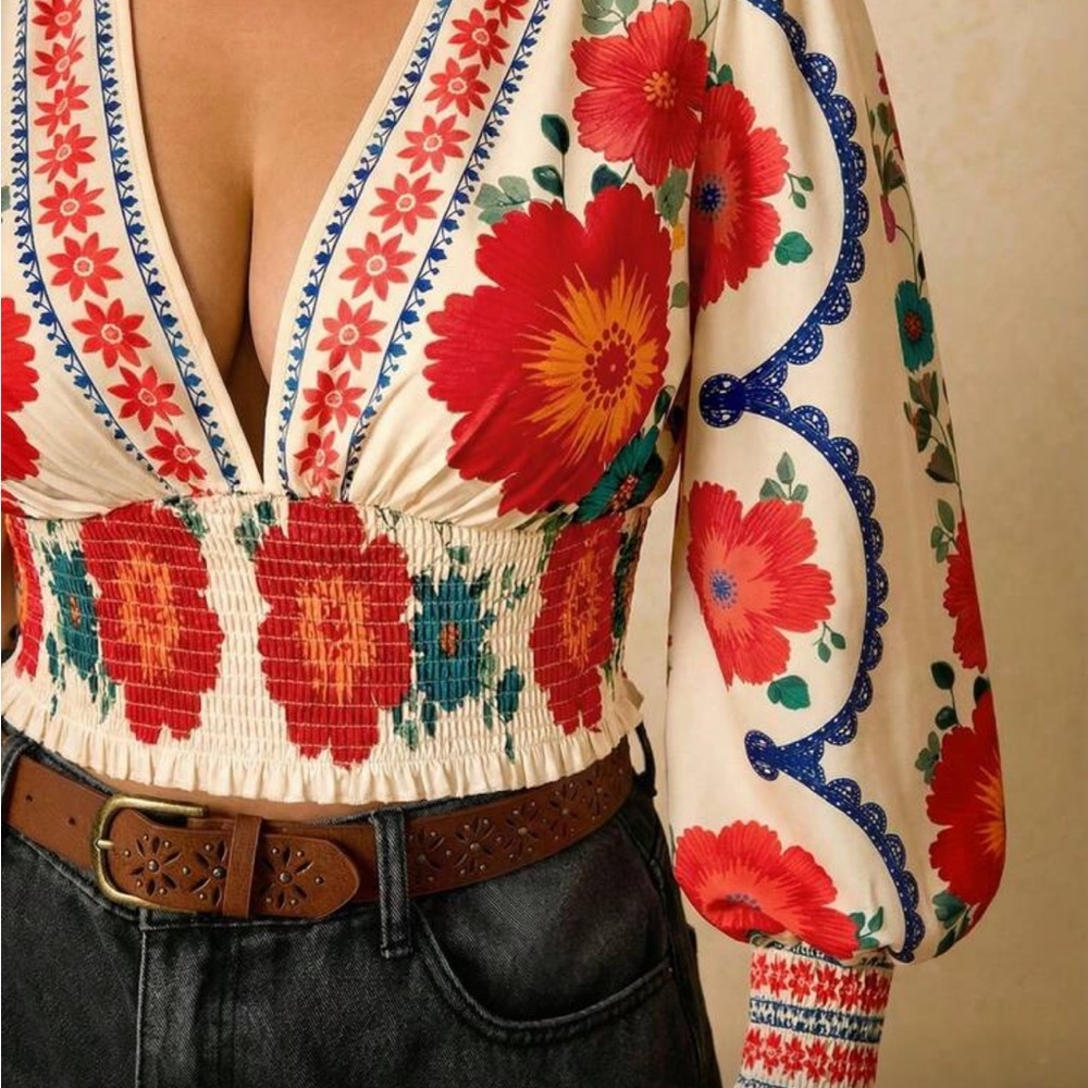 Plus Size Romantic Bohemian Floral Print Long Sleeve Tie Front Blouse Shirt - Picture 11 of 14